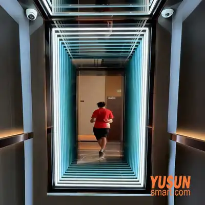 Recessed elevator entrance infinity mirror tunnel frame, custom modular LED mirror tile portal by YUSUN SMART