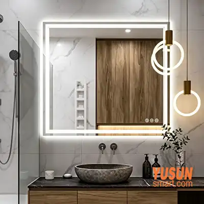 Modern Wood Tone LED Smart Mirror | Scandinavian Luxury Boutique Hotel Bathroom Vanity Mirror