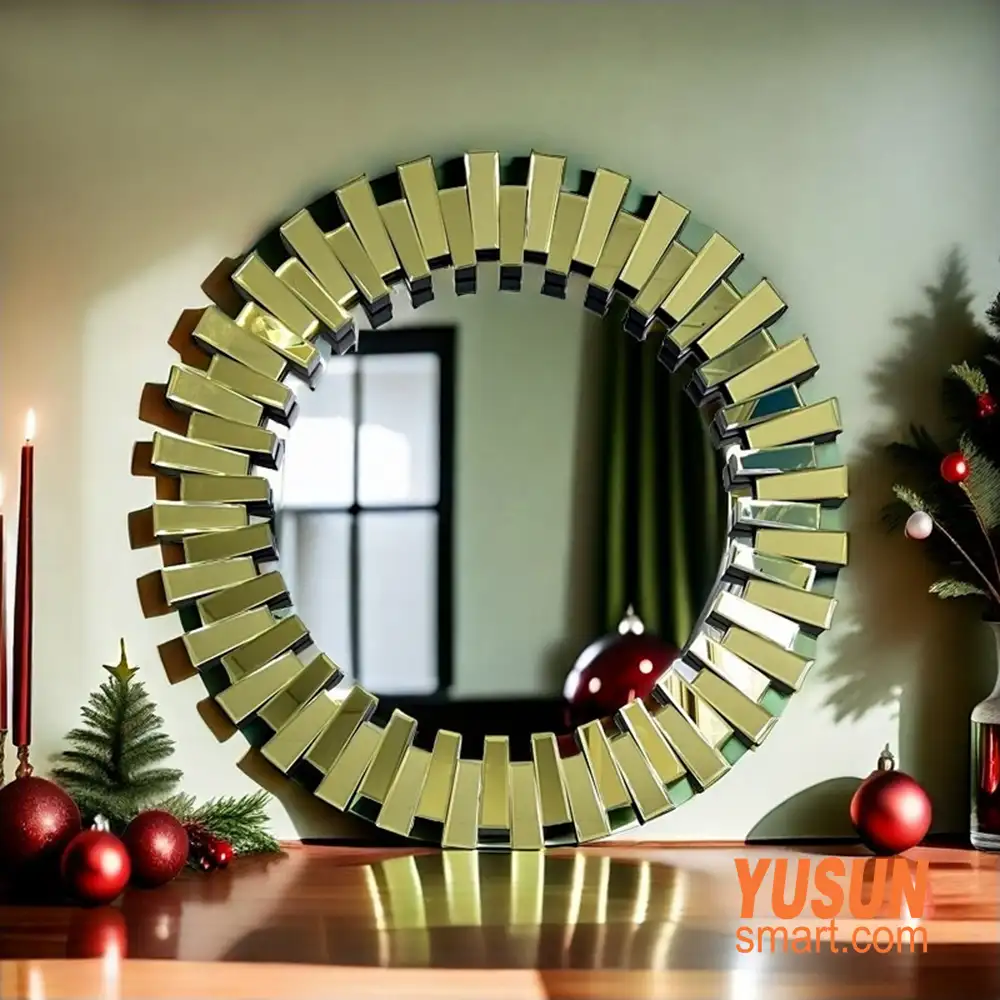 Gold‑toned 3D segmented round decorative wall mirror for living‑room and villa, YUSUN SMART