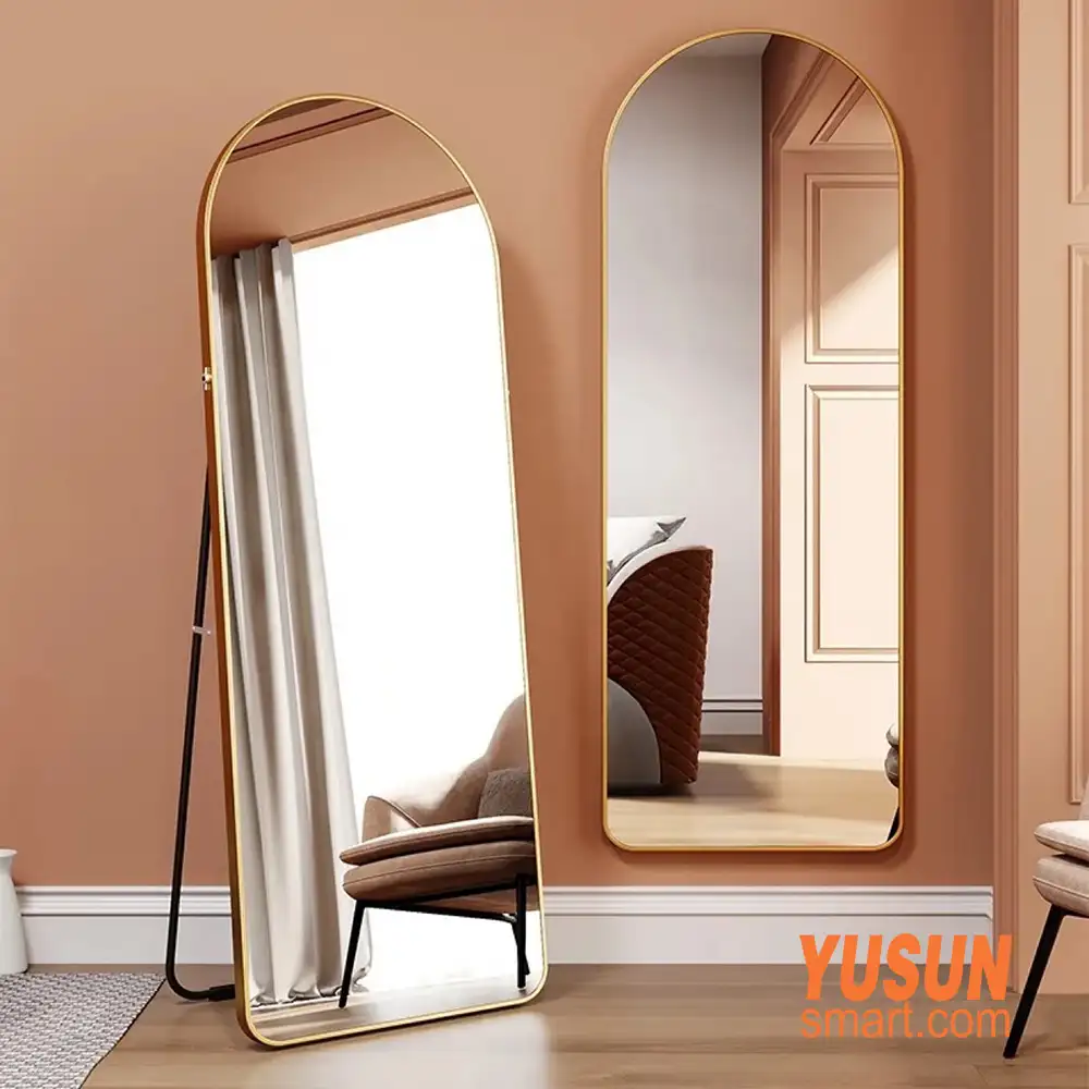YUSUN SMART gold‑framed arched full‑length mirror, wall‑mounted or floor‑standing for modern entryway