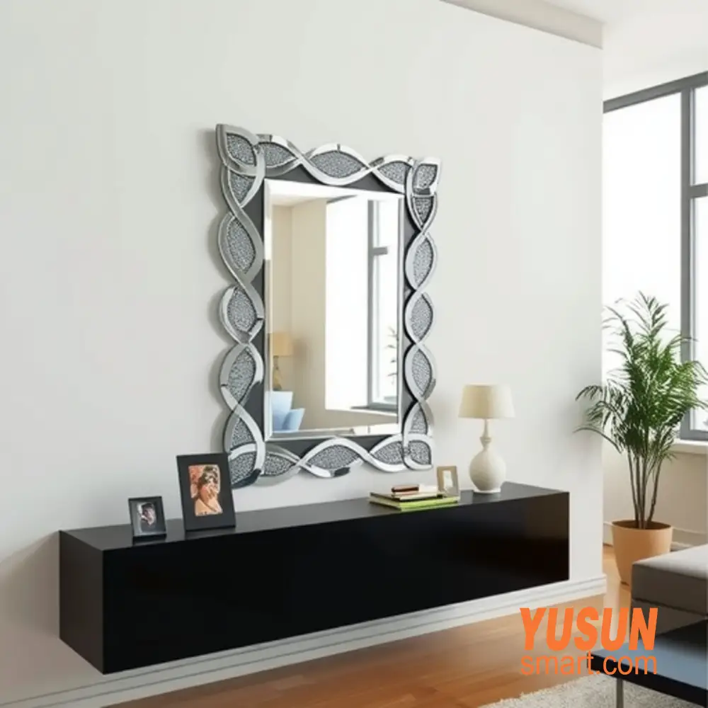 Ornate silver framed decorative wall mirror with unique wavy frame for living‑room decor from YUSUN SMART