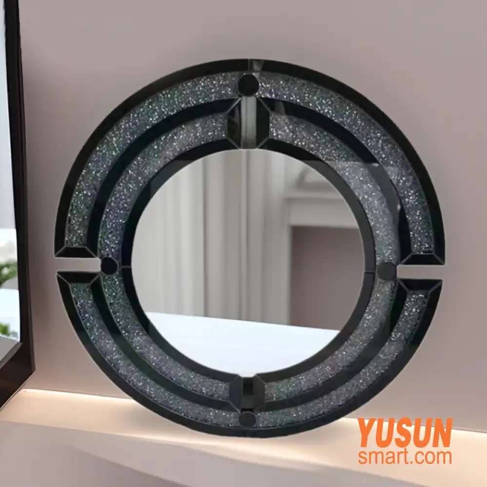 LED crushed‑crystal round decorative mirror with glitter frame for luxury interior YUSUN SMART
