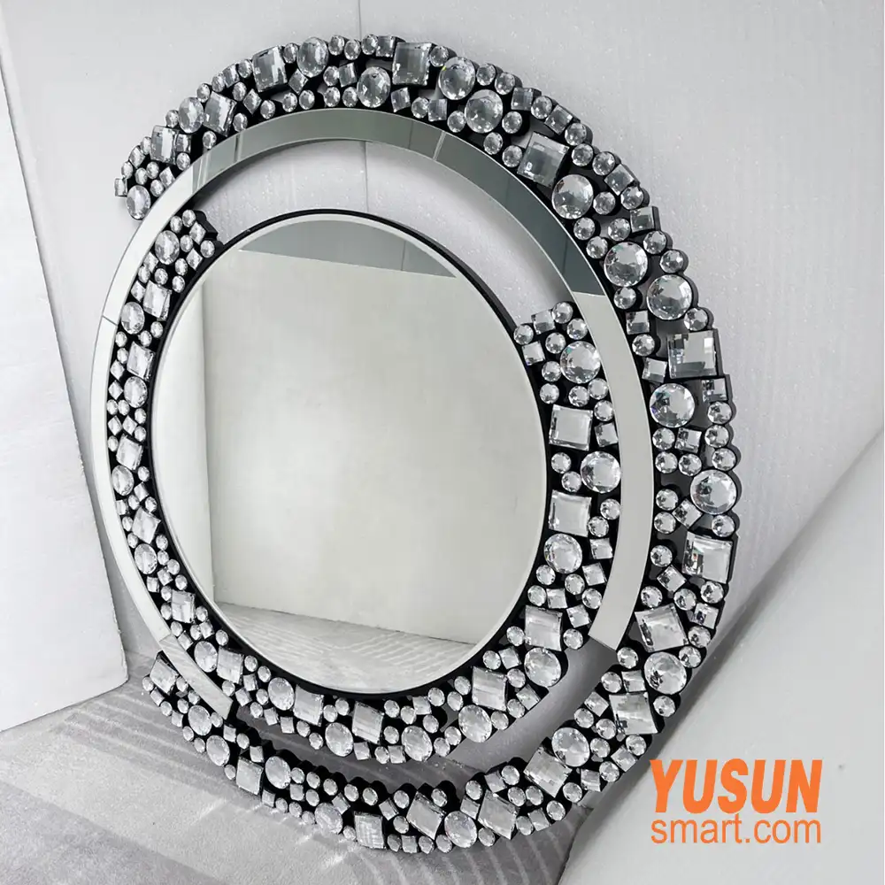 Beaded rhinestone‑encrusted round wall mirror, custom decorative mirror for hotel projects YUSUN SMART