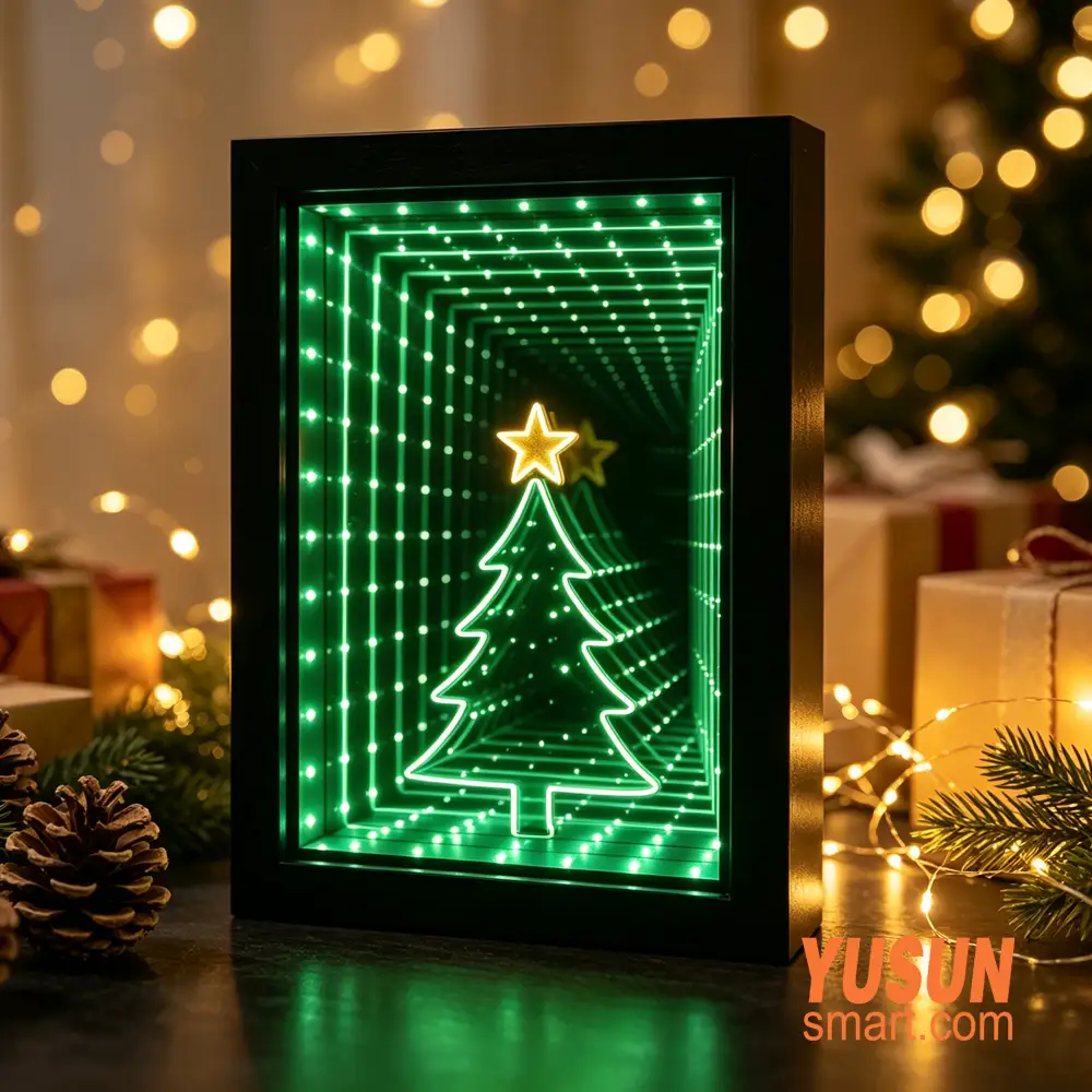 Holiday Gift Style Thousand Layer Mirror Christmas Tree Infinity Light 3D Infinite Mirror Thousand Layer Mirror Interactive Mirror Display Christmas Gift Box Pine Cone Holiday Decor YUSUN SMART Factory Bulk Supply