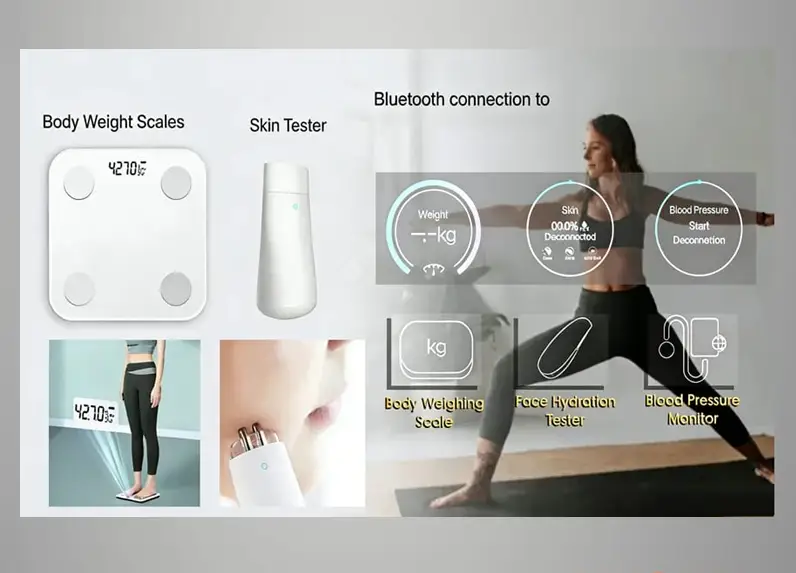 YUSUN SMART fitness smart mirror bluetooth connects body weight scale and skin tester for health‑data display on screen