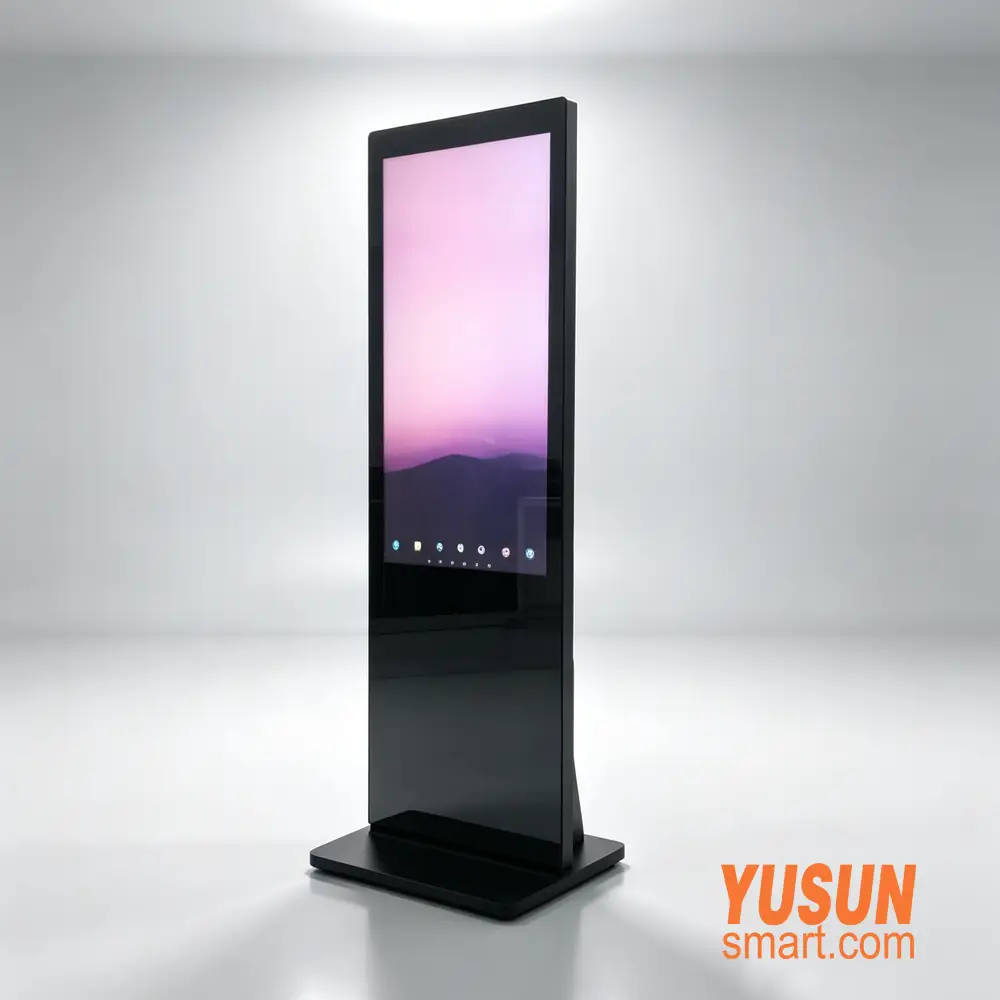 43-inch Android smart fitness mirror powered-on with vertical touchscreen display