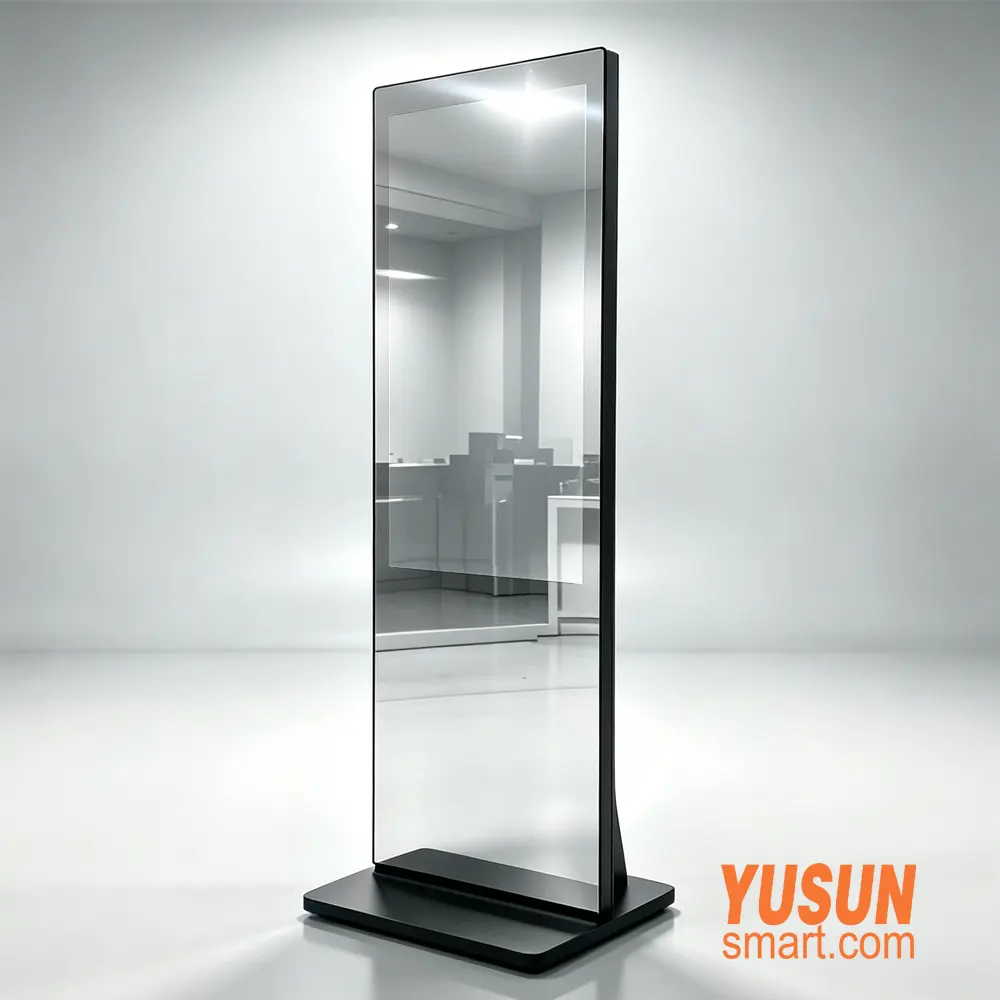 43-inch smart fitness mirror in power-off mode as a full-length silver mirror