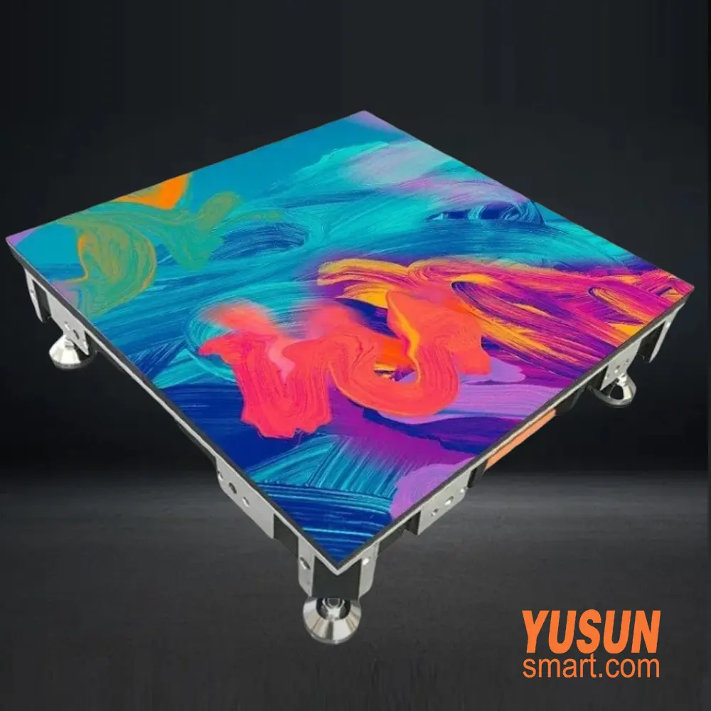 Radar interactive LED floor tile cabinet detail view with built‑in adjustable support feet Single cabinet of radar interactive LED floor tile screen with pre‑installed adjustable feet YUSUN SMART