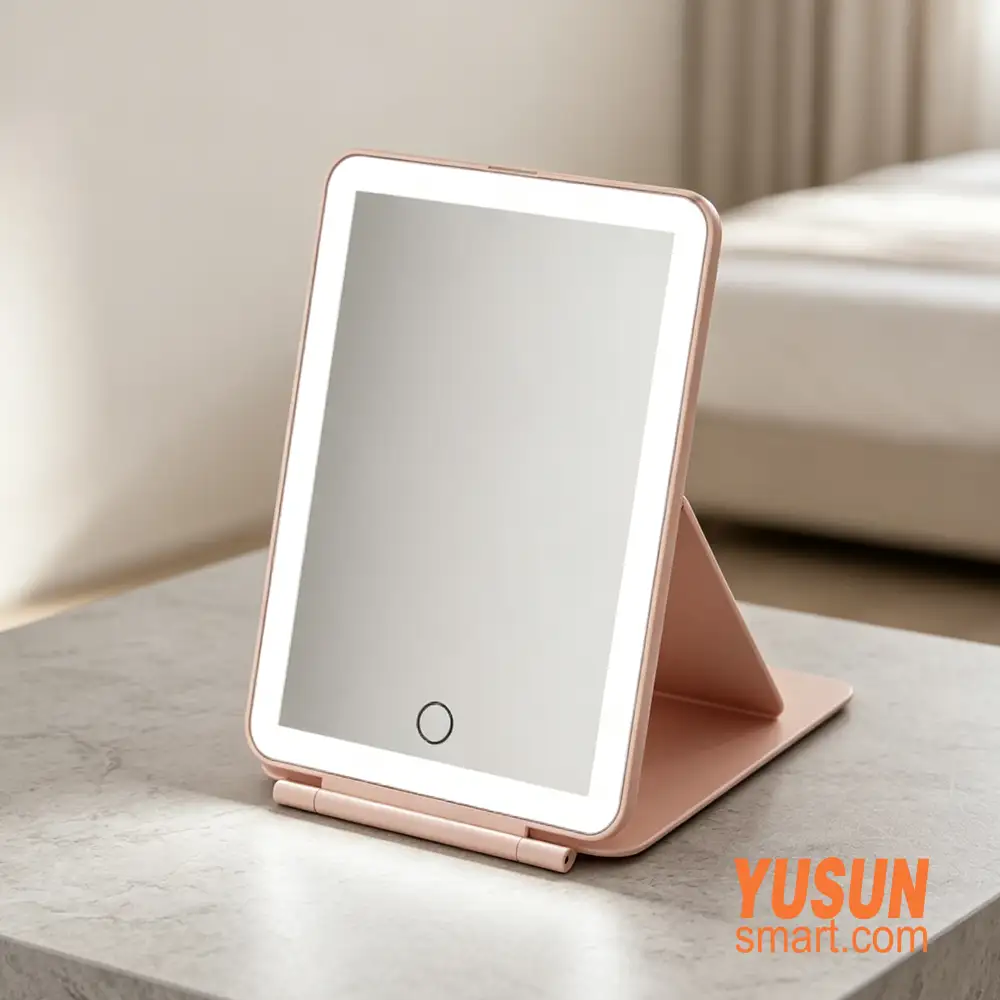 Portable LED Travel Makeup Mirror pink fold‑flip bedroom dressing table YUSUN SMART custom quotation Portable LED Travel Makeup Mirror pink fold‑flip bedroom dressing table YUSUN SMART custom quotation