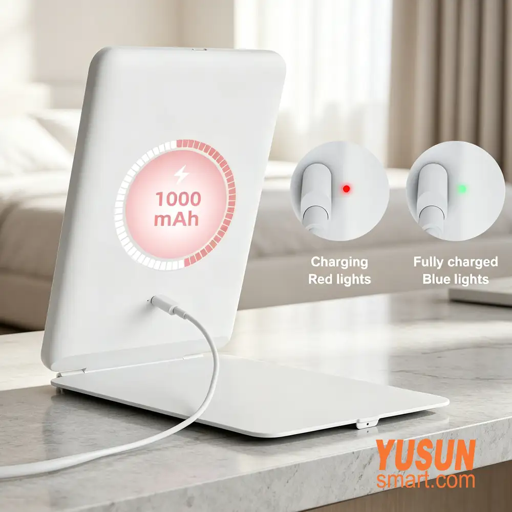 Portable LED Travel Makeup Mirror 1000mAh rechargeable battery charging status YUSUN SMART manufacturer Portable LED Travel Makeup Mirror 1000mAh rechargeable battery charging status YUSUN SMART manufacturer
