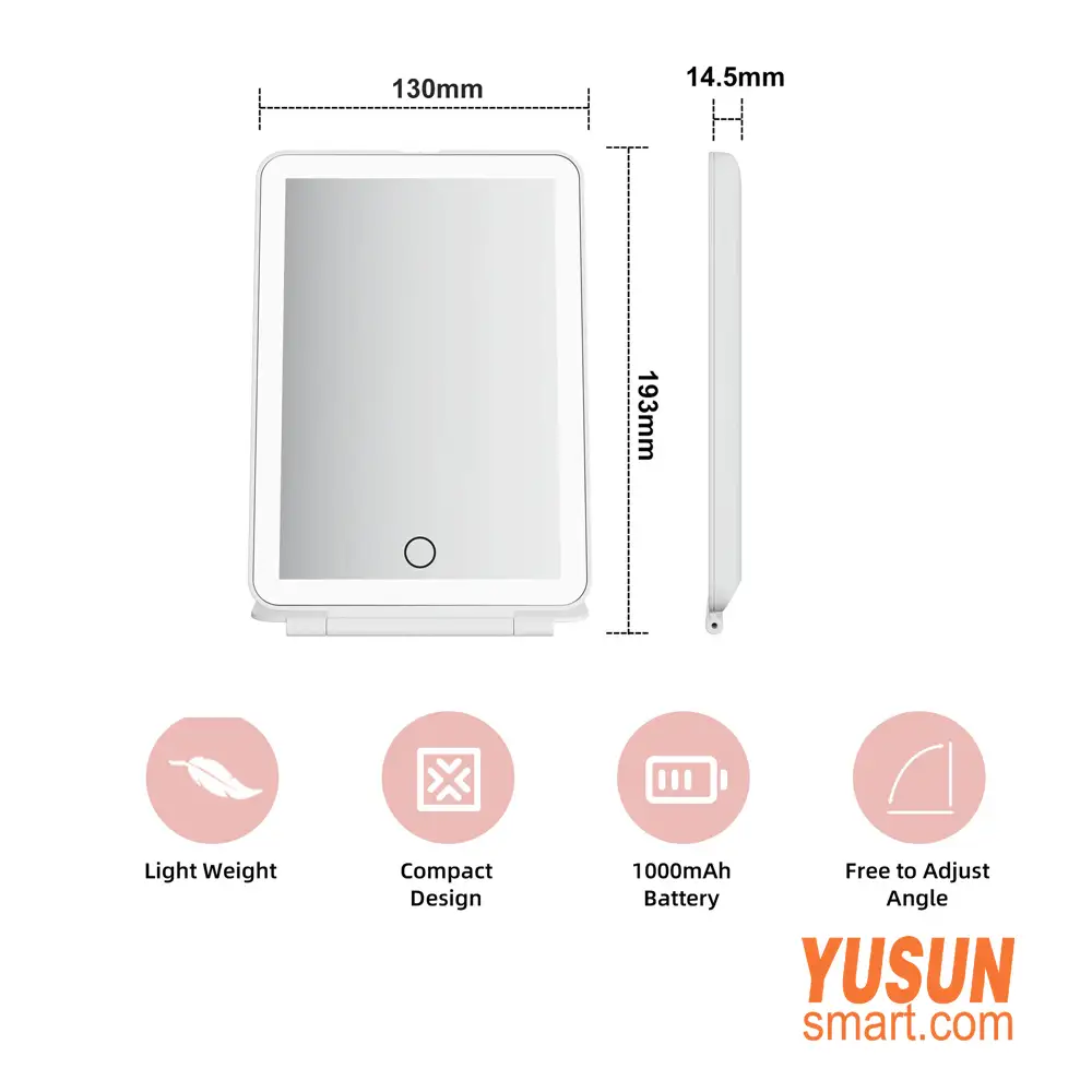 Portable LED Travel Makeup Mirror dimension size chart lightweight compact design YUSUN SMART wholesale Portable LED Travel Makeup Mirror dimension size chart lightweight compact design YUSUN SMART wholesale